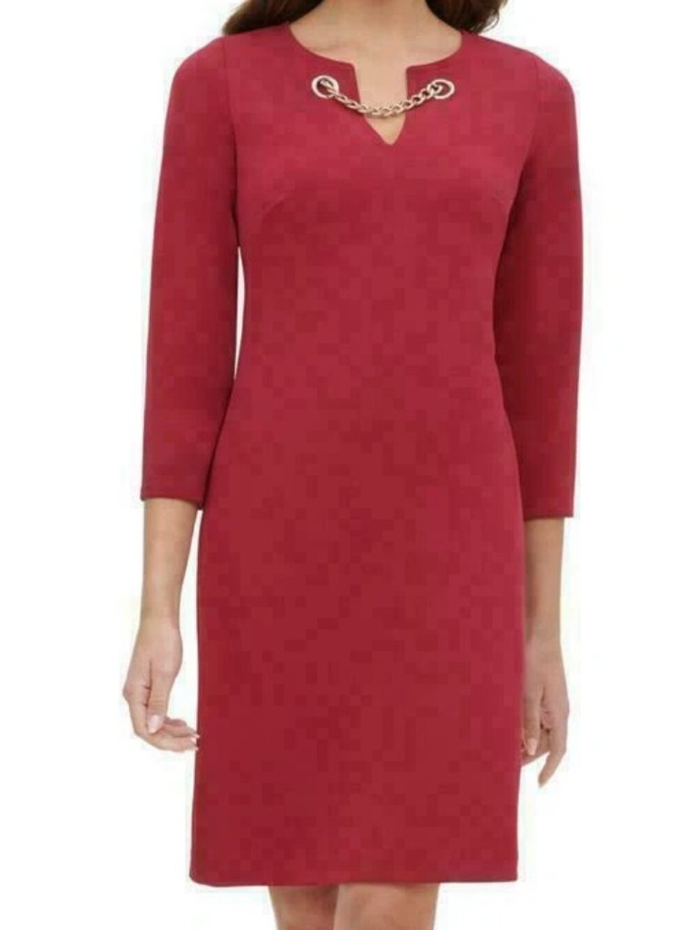 Tommy Hilfiger Women's 3/4 Sleeve Grommet-Neck Shift Dress, Wine Red, Size 2
